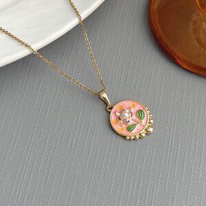 Vintage Floral Enamel Necklace – Pink Rose Pendant, Monet Garden Inspired